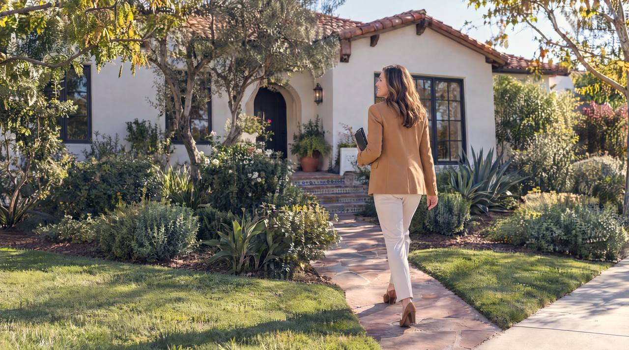 A real estate agent walks up the front path of a white Spanish-style house.
