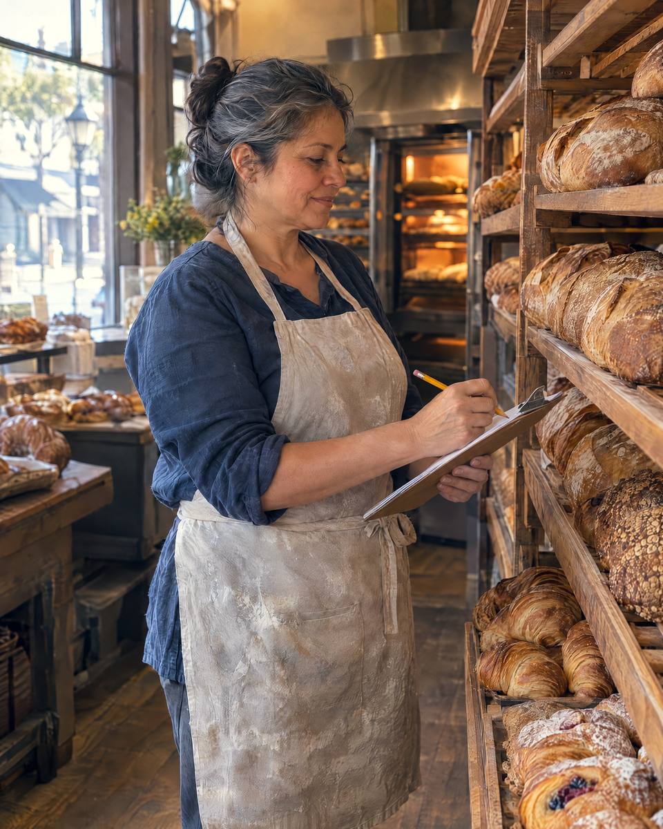A woman counts the stock on a bakery’s shelves.