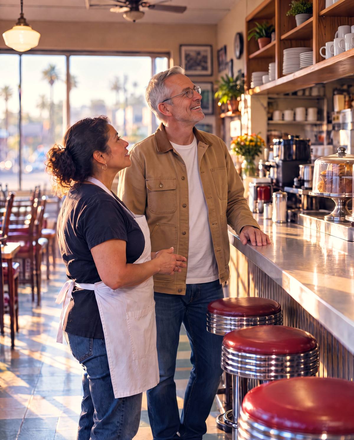 Before opening, a restaurant owner and the buyer of her restaurant talk at the counter.