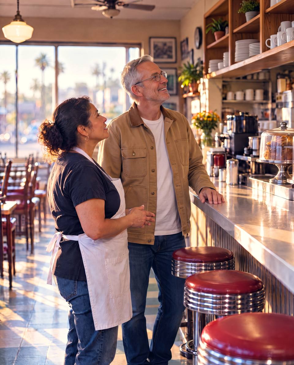 Two people talk at the counter of a small diner before it opens.