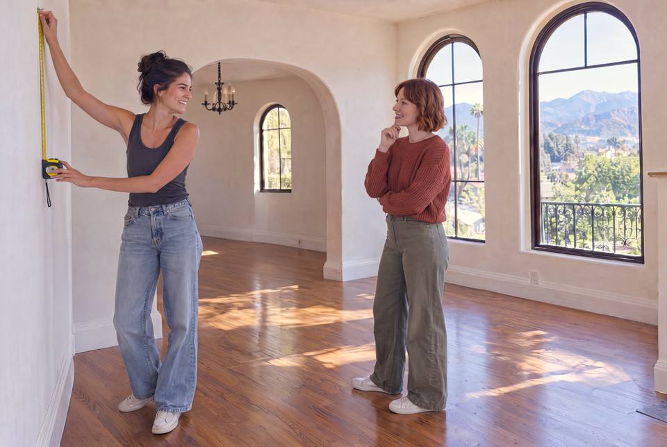 Two friends stand in an empty living room with tall arched windows and the mountains outside.