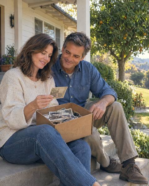 Two people sit on the porch of a ranch home with a box of old photos.