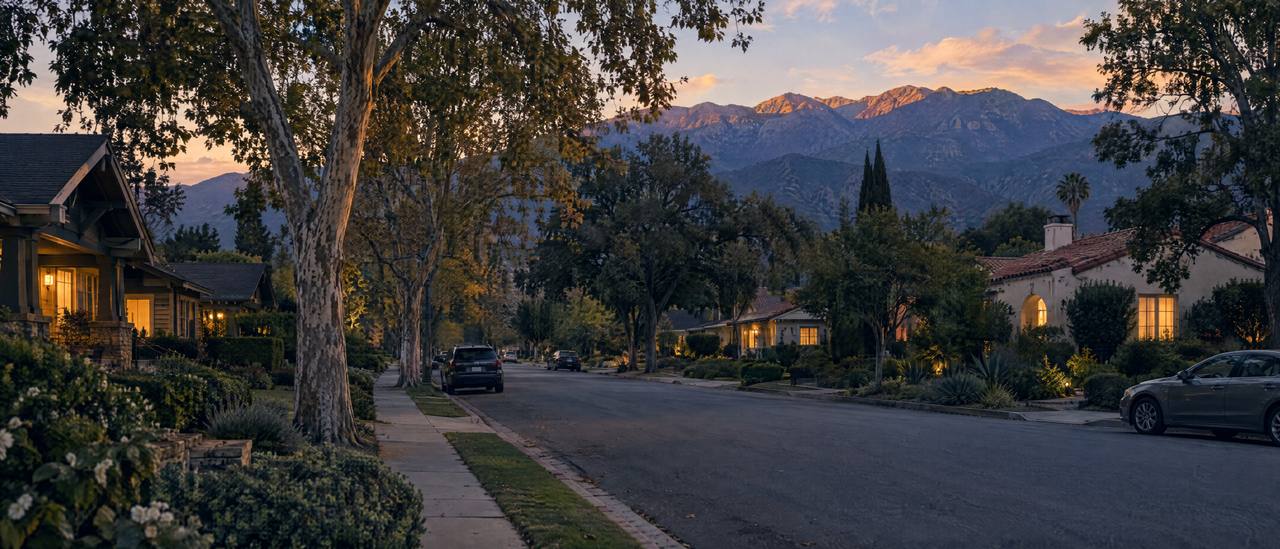 A quiet street at dusk with the San Gabriel Mountains above.