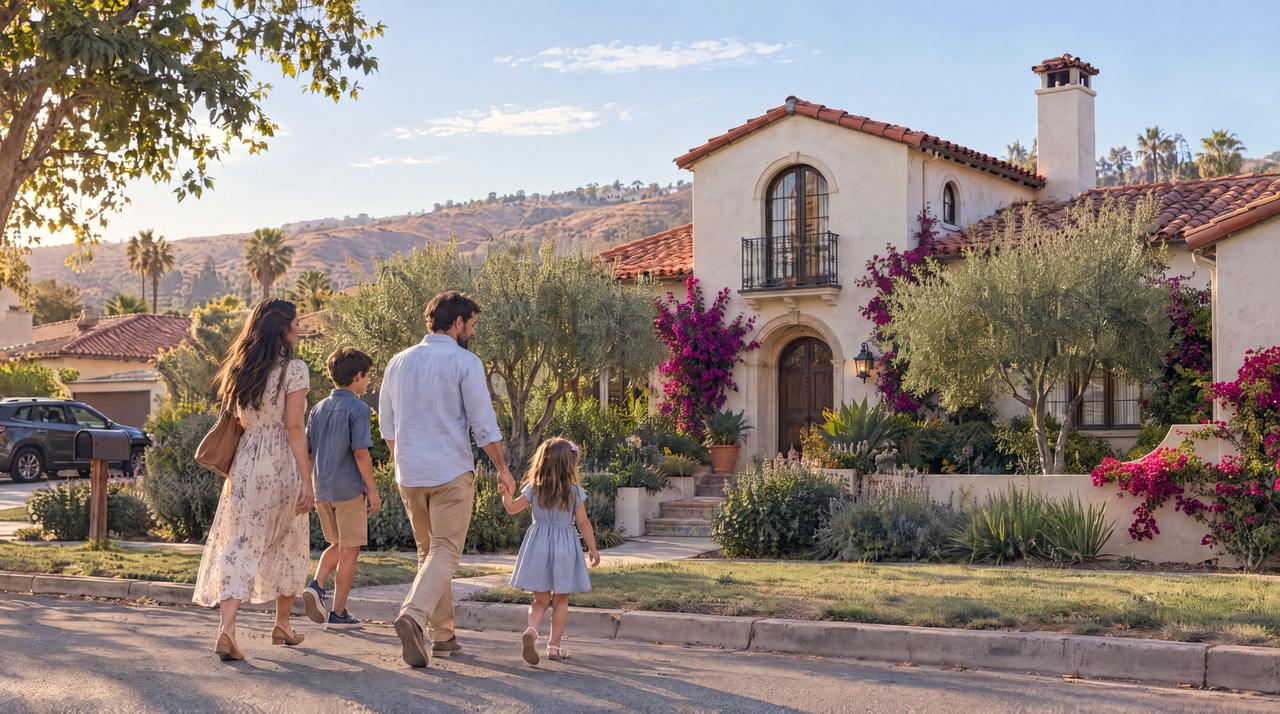 A family of four walks toward a white Spanish-style house with a clay tile roof and bougainvillea by the door, with dry foothills behind it.