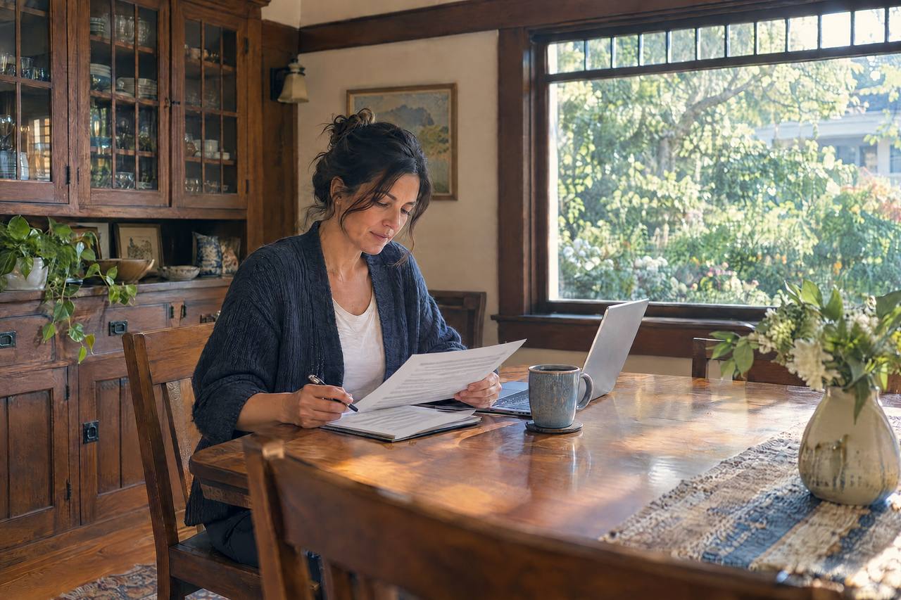 Someone reads through papers at a dining table, next to a laptop and a cup of coffee.