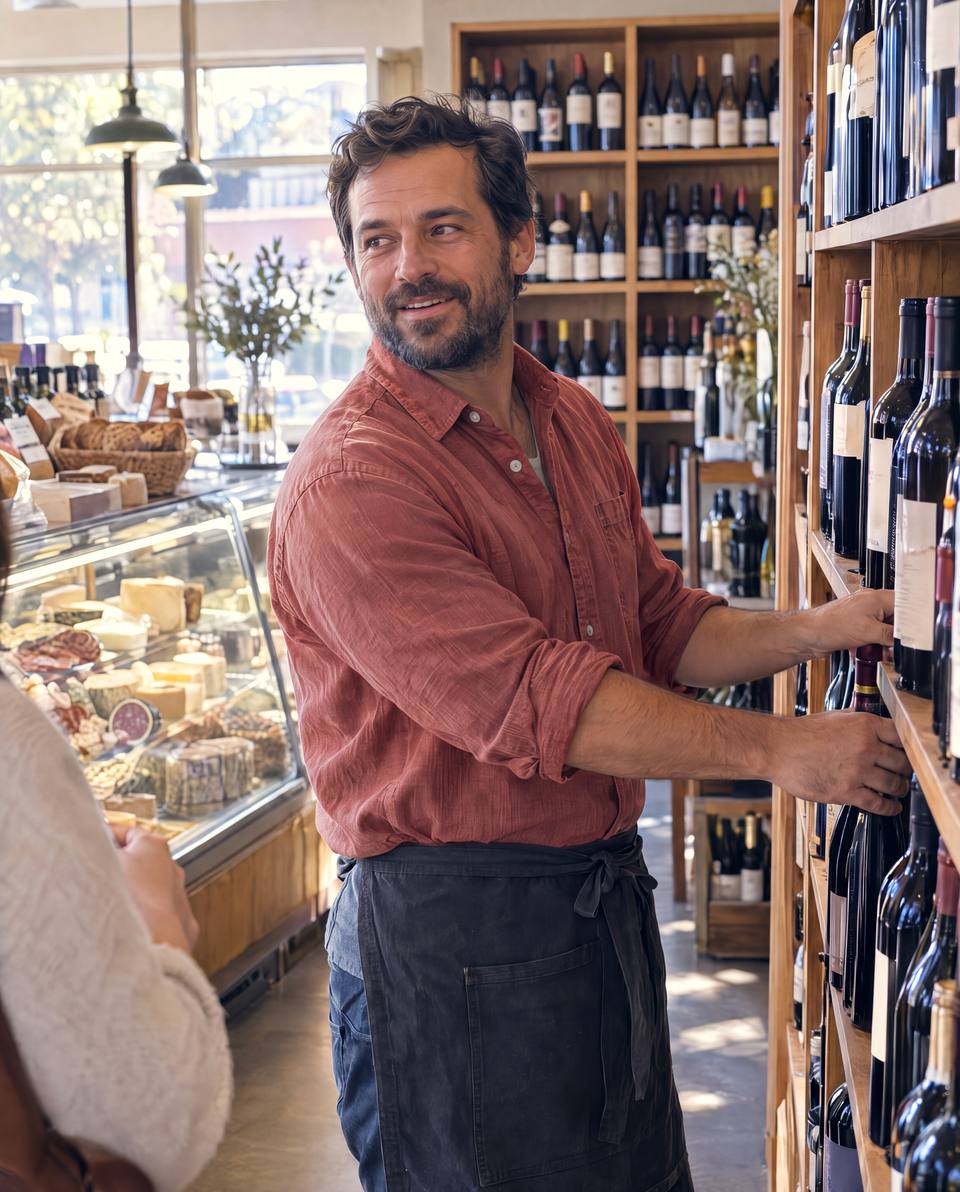 A man restocks the shelves of a wine and deli shop.