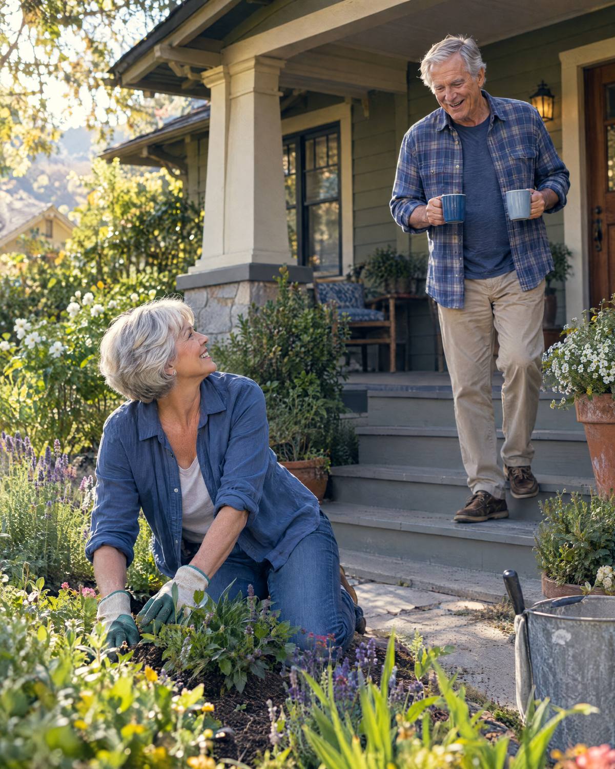 An older couple at their cottage: she tends the front garden while he comes down the porch steps with two mugs of coffee.