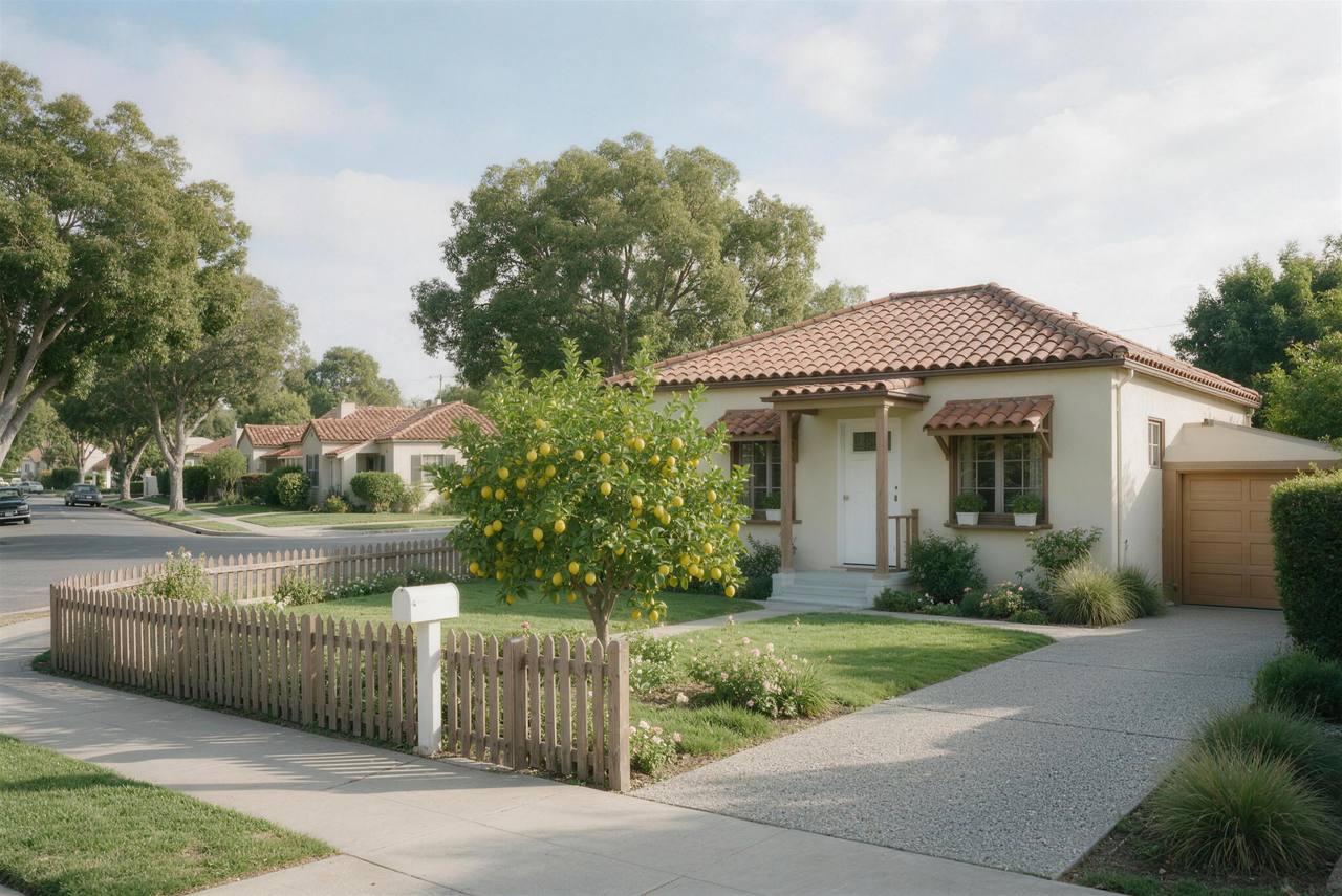 A bungalow with a tile roof and a lemon tree, behind a low picket fence.